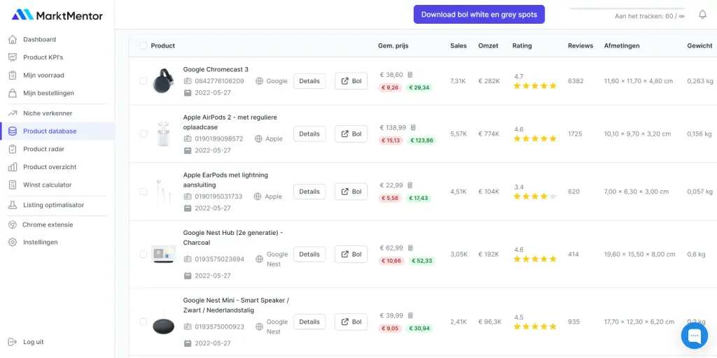 Product database tabel user interface