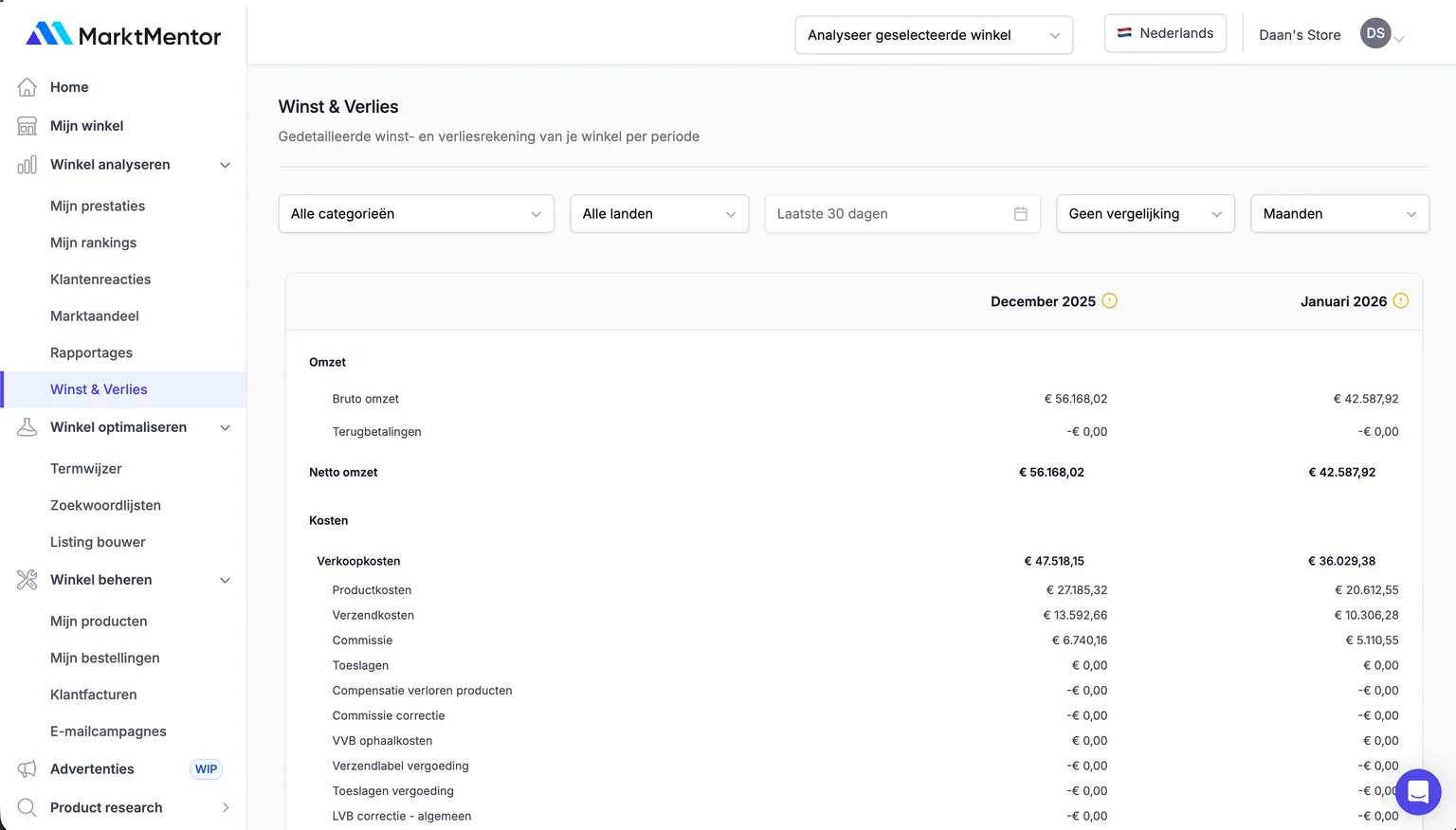 MarktMentor Winst & Verlies screenshot